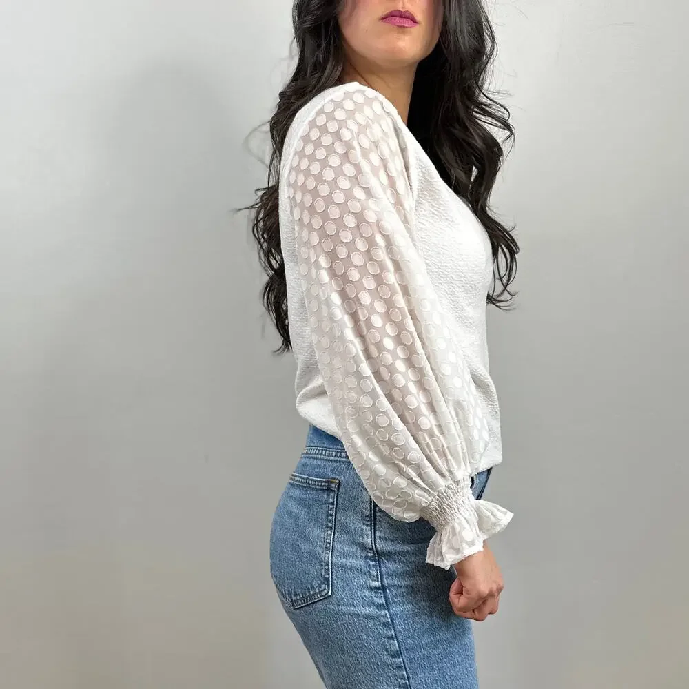 Sunday in Brooklyn White Sheer Polka Dot Sleeve Blouse